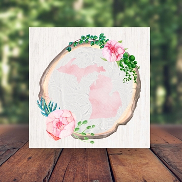 Pink Floral Michigan Design on a Log Slice Sign Choose Size